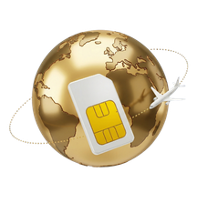Gold globe with a SIM card inserted on a white background